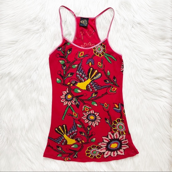 SOLD-Free People Tropical Bird Print Ribbed Red Tank Top - Picture 6 of 8